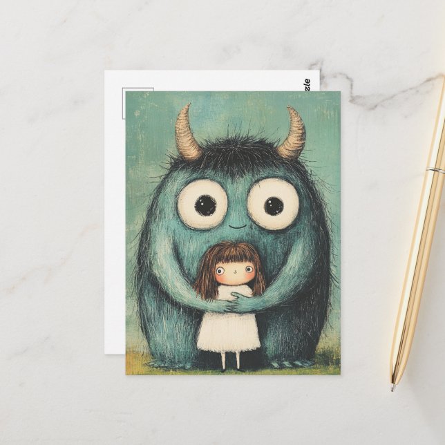 Cute Girl and Her Monster Friend Fantasy Postcard (Front/Back In Situ)