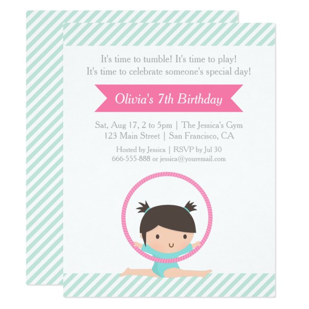 Cute Girl And Hoop Gymnastics Kids Birthday Party Invitation