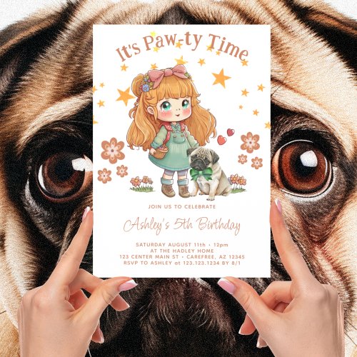 Cute Girl and Pug Its Pawty Time Birthday Invitation