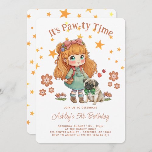 Cute Girl and Pug Its Pawty Time Birthday Invitation