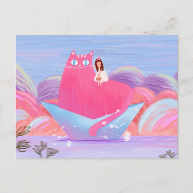 Cute Girl and The Big Cat Postcard (Front)