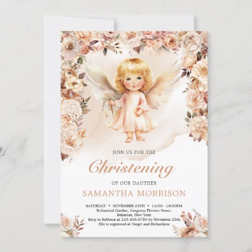 Cute girl angel and blush and ivory flowers invitation