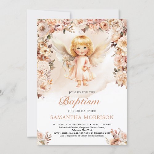 Cute girl angel and blush and ivory flowers invitation