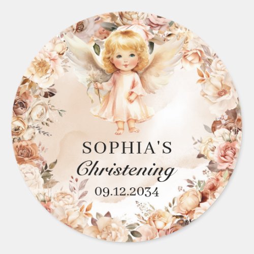 Cute girl angel blush and ivory flowers Baptism Classic Round Sticker