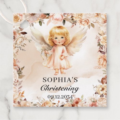 Cute girl angel blush and ivory flowers Baptism  Favor Tags