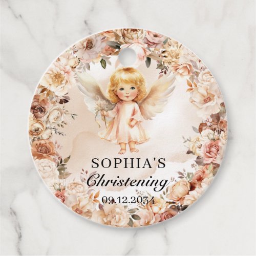 Cute girl angel blush and ivory flowers Baptism Favor Tags