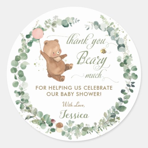 Cute Girl Baby Bear Bee Greenery Thank You Favor Classic Round Sticker