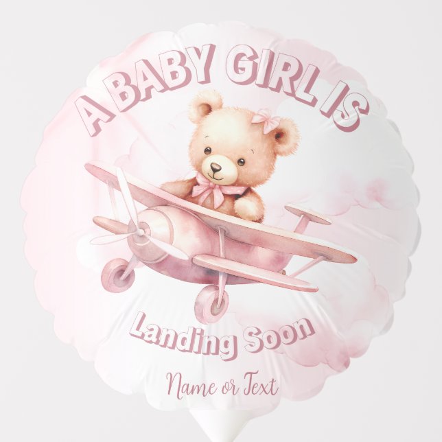 Cute Girl Baby Bear Pilot Pink Airplane Beautiful Balloon (Front)