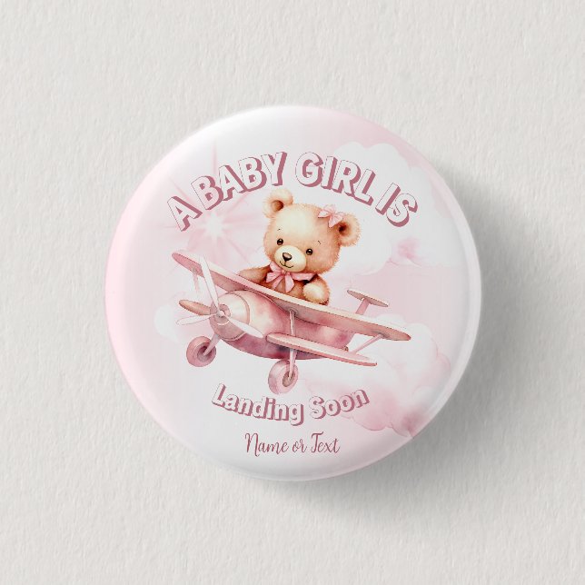 Cute Girl Baby Bear Pilot Pink Airplane Beautiful Button (Front)