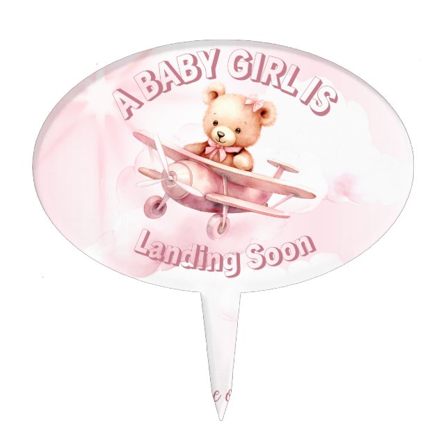 Cute Girl Baby Bear Pilot Pink Airplane Beautiful Cake Topper (Front)