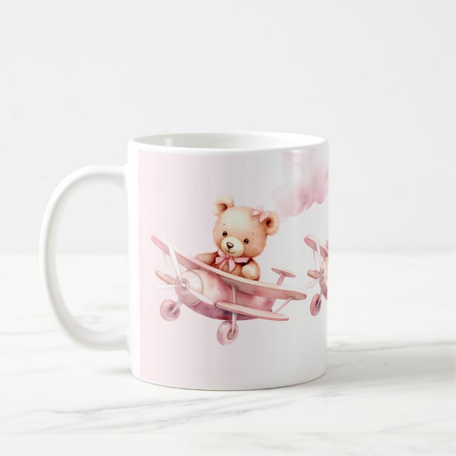 Cute Girl Baby Bear Pilot Pink Airplane Beautiful Coffee Mug (Left)