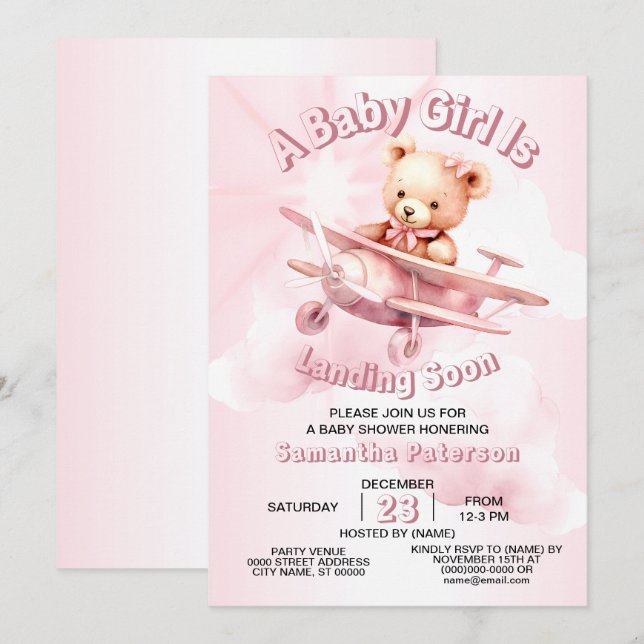 Cute Girl Baby Bear Pilot Pink Airplane Beautiful Invitation (Front/Back)