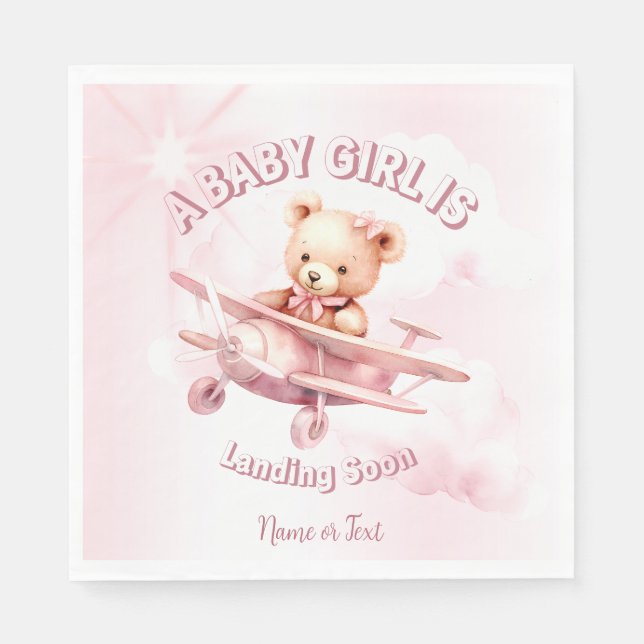 Cute Girl Baby Bear Pilot Pink Airplane Beautiful Napkins (Front)