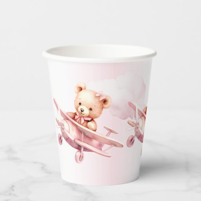 Cute Girl Baby Bear Pilot Pink Airplane Beautiful Paper Cups (Front)