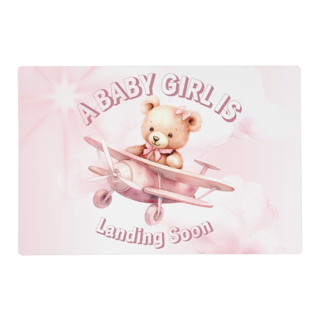 Cute Girl Baby Bear Pilot Pink Airplane Beautiful Placemat (Front)