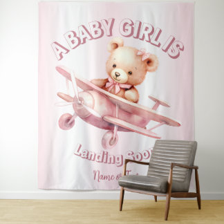 Cute Girl Baby Bear Pilot Pink Airplane Beautiful Tapestry