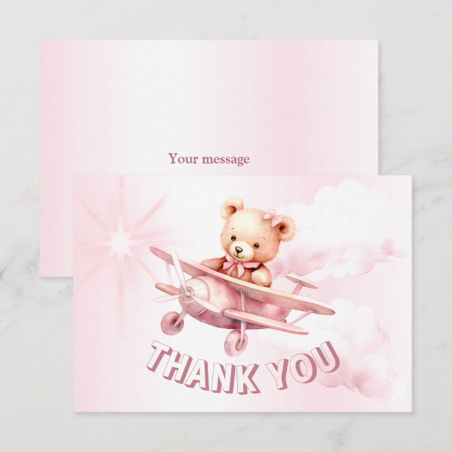 Cute Girl Baby Bear Pilot Pink Airplane Beautiful Thank You Card (Front/Back)