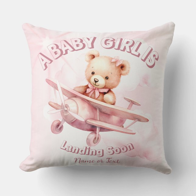 Cute Girl Baby Bear Pilot Pink Airplane Beautiful Throw Pillow (Front)