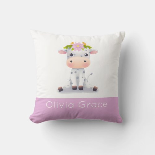 Cute Girl Baby Cow wearing a crown of flowers Name Throw Pillow