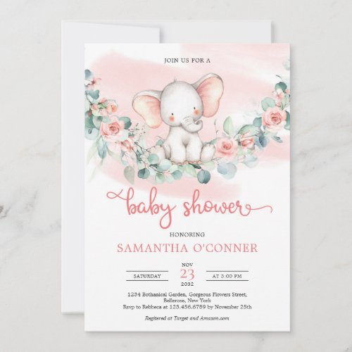 Cute girl baby elephant eucalyptus wreath blush invitation