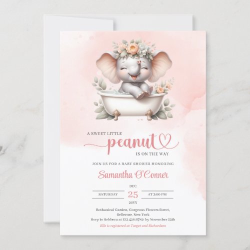 Cute girl baby elephant take a shower pink invitation