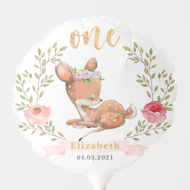 Cute Girl Baby Fawn 1st Birthday Party Balloon (Front)