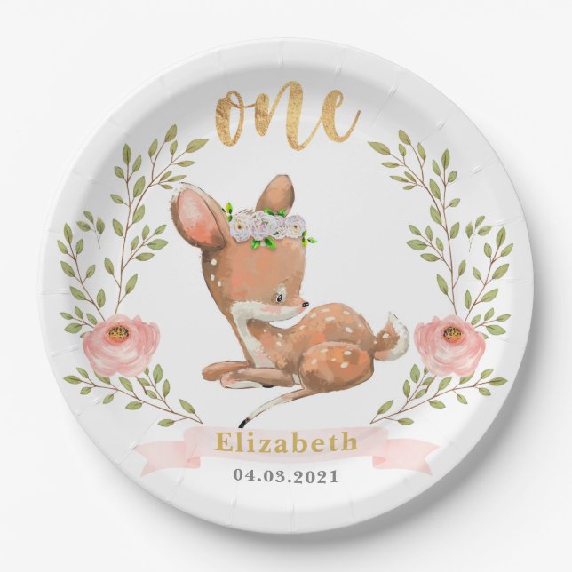 Cute Girl Baby Fawn 1st Birthday Party Paper Plates (Front)