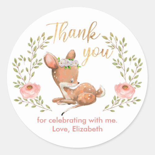 Cute Girl Baby Fawn Birthday Party Thank You  Classic Round Sticker