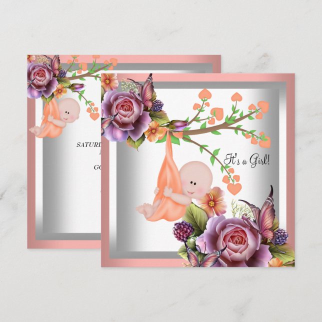Cute Girl Baby Shower Girl Coral Peach 2 Invitation (Front/Back)