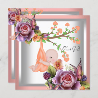 Cute Girl Baby Shower Girl Coral Peach 2 Invitation