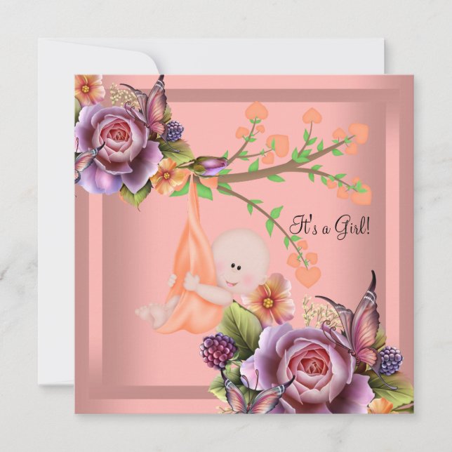 Cute Girl Baby Shower Girl Coral Peach Invitation (Front)