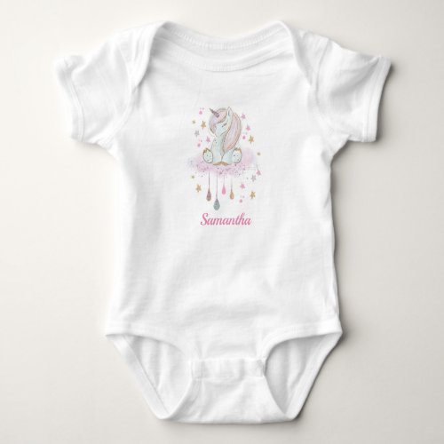 Cute girl baby unicorn in pink and purple in sky baby bodysuit