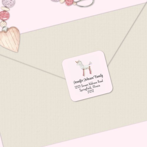 Cute Girl Baby Vintage Unicorn Toy Square Address Sticker