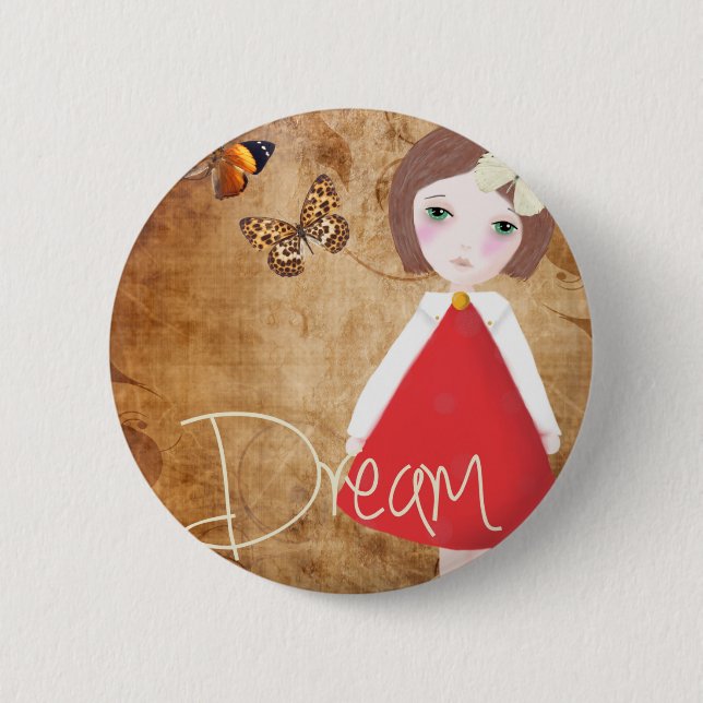 Cute Girl Badge, Whimsical Art, Badge for Kids Button (Front)