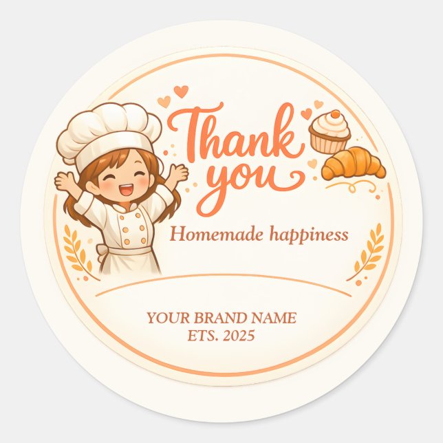 Cute Girl Baker Design Bakery Thank You Classic Round Sticker (Front)