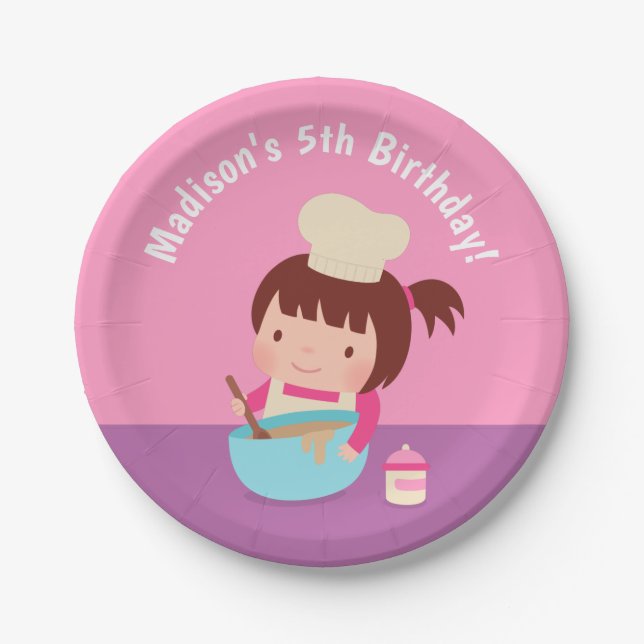 Cute Girl Baking Chef Birthday Party Supplies Paper Plates (Front)