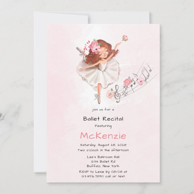 Cute Girl Ballerina with Music Ballet Recital Invitation (Front)