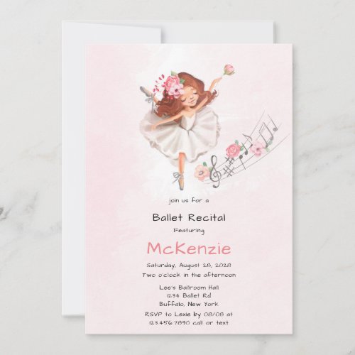 Cute Girl Ballerina with Music Ballet Recital Invitation