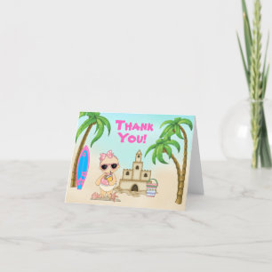Cute Girl Beach Baby Sandcastle and Surfboard Letterpress Thank You Card