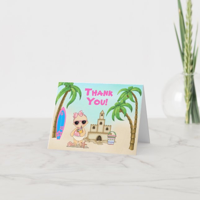 Cute Girl Beach Baby Sandcastle and Surfboard Thank You Card (Front)