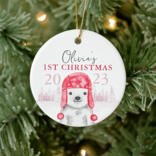 Cute Girl Bear 1st Christmas Ceramic Ornament