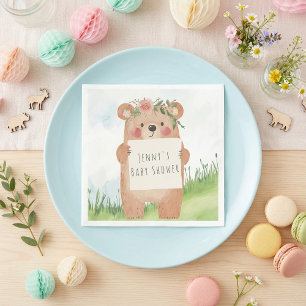 Cute girl Bear Baby Shower rustic woodland Napkins