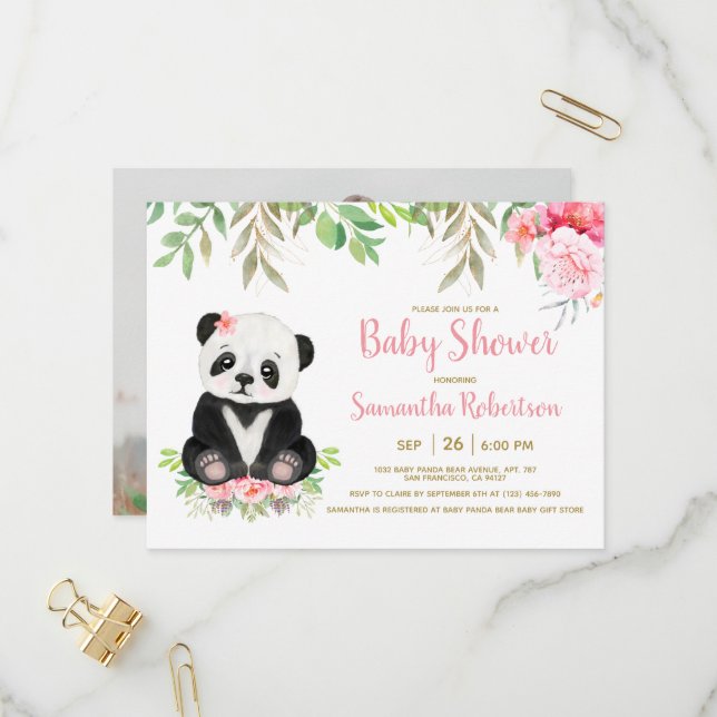 Cute Girl Bear Blush Pink Floral Baby Shower Photo Invitation Postcard (Front/Back In Situ)