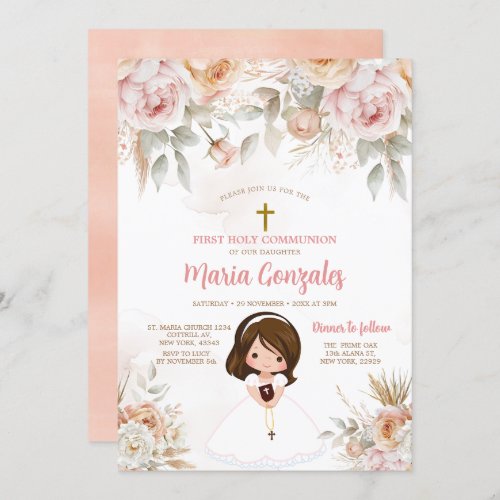Cute Girl Bible First Holy Communion Peach Floral Invitation