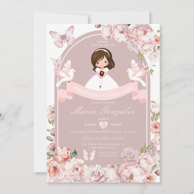 Cute Girl Bible First Holy Communion Pink Floral Invitation (Front)