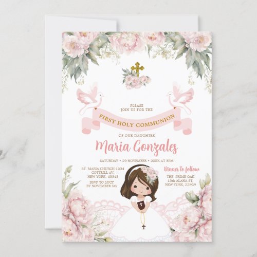 Cute Girl Bible First Holy Communion Pink Floral Invitation