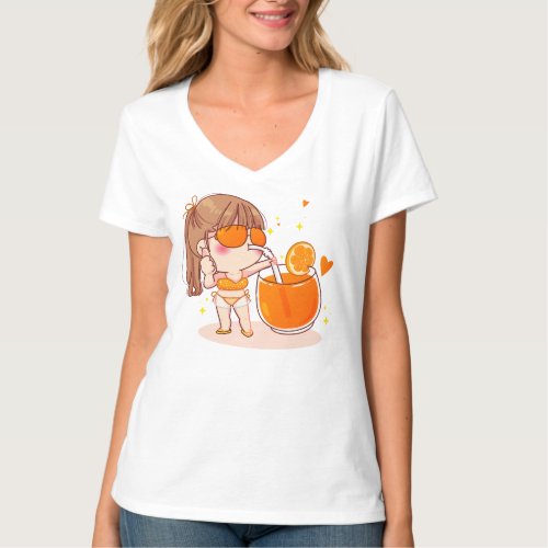 Cute girl bikini standing orange juice T_Shirt