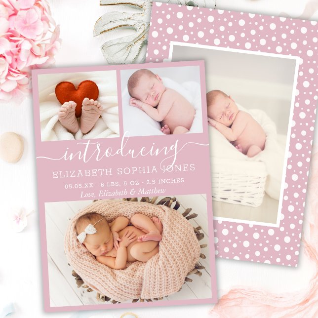 Cute Girl Birth Announcement Blush Photo Collage (Creator Uploaded)