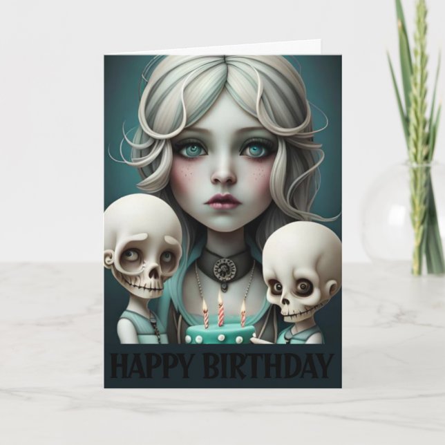 Cute girl birthday card skulls, humor, goth, emo (Front)
