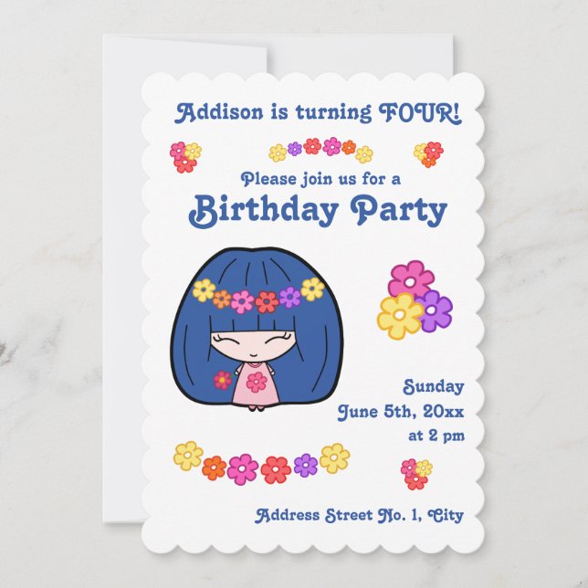 Cute Girl Birthday Party Invitations Kawaii Girl (Front)